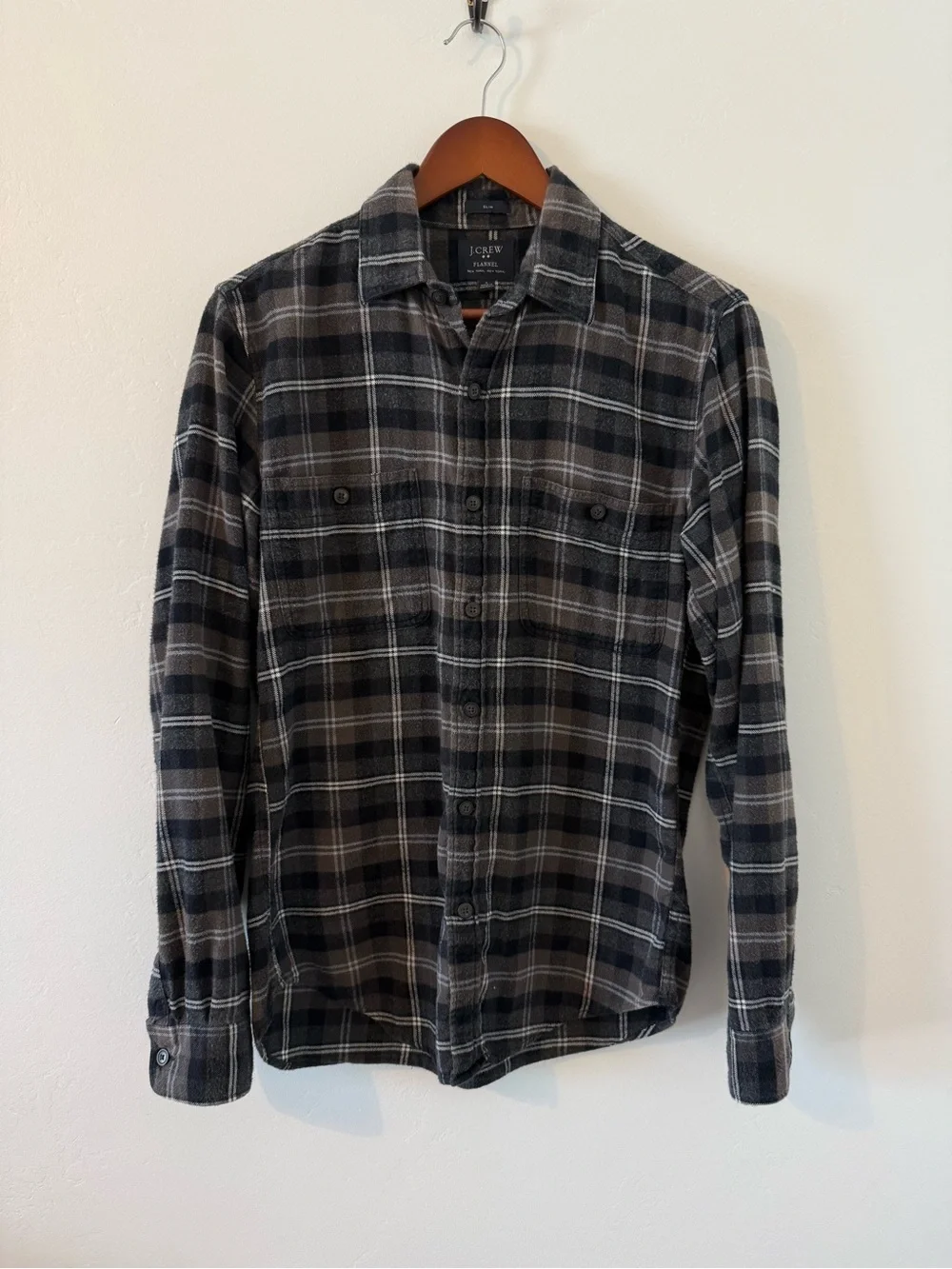 J. Crew Men's S - Black & Gray Plaid Flannel Button-Up Shirt